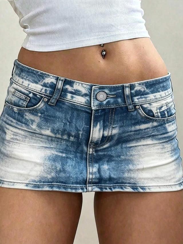 low-waist acid wash faux denim knit mini skirt