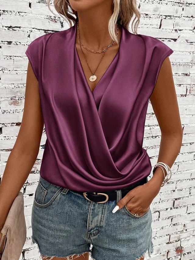 solid color ruched surplice sleeveless bodysuit