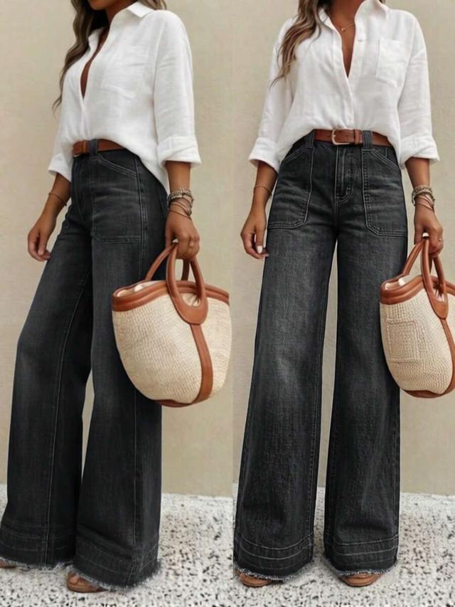 high-waisted black denim wide leg jeans