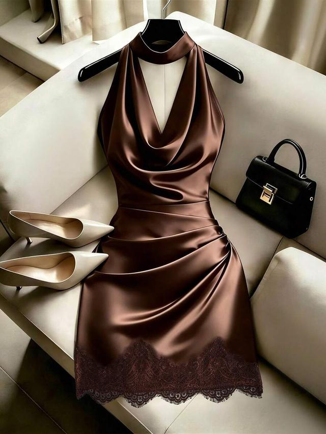 draped neck satin pleated lace trim fitted dress