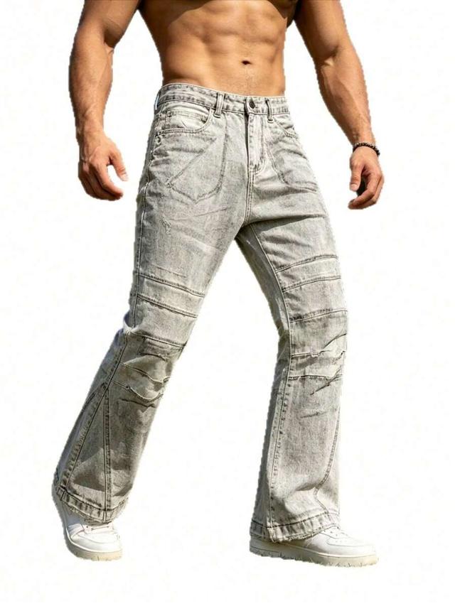 men distressed light whiskering slim flare denim jeans