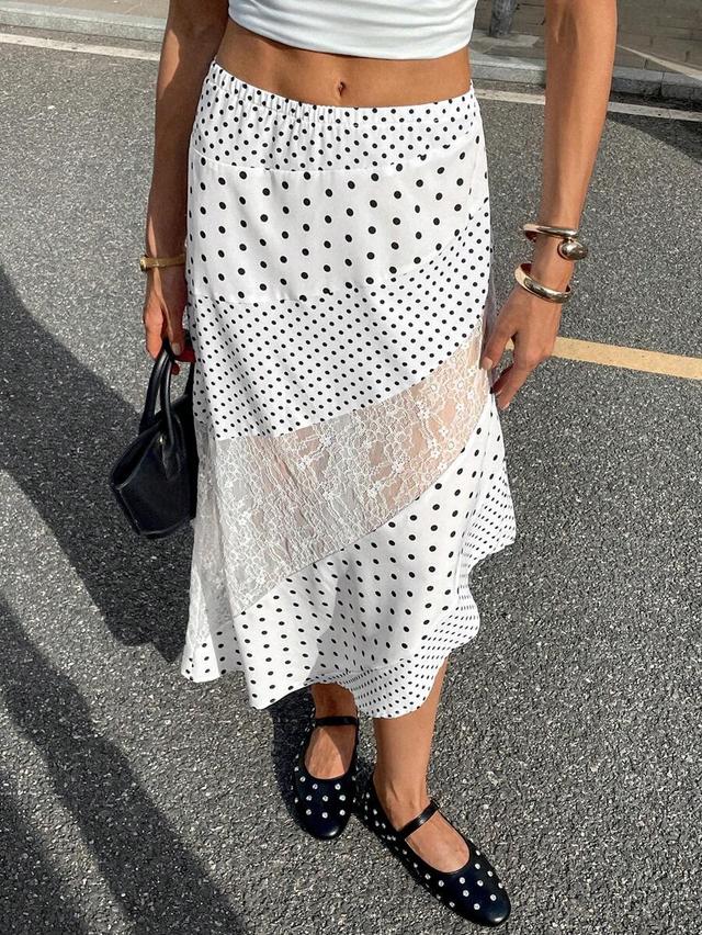 polka dot a-line skirt with lace insert