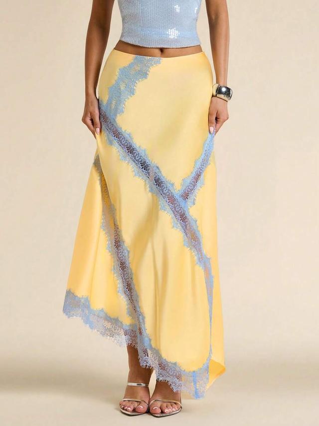 light yellow satin midi skirt with lace trim