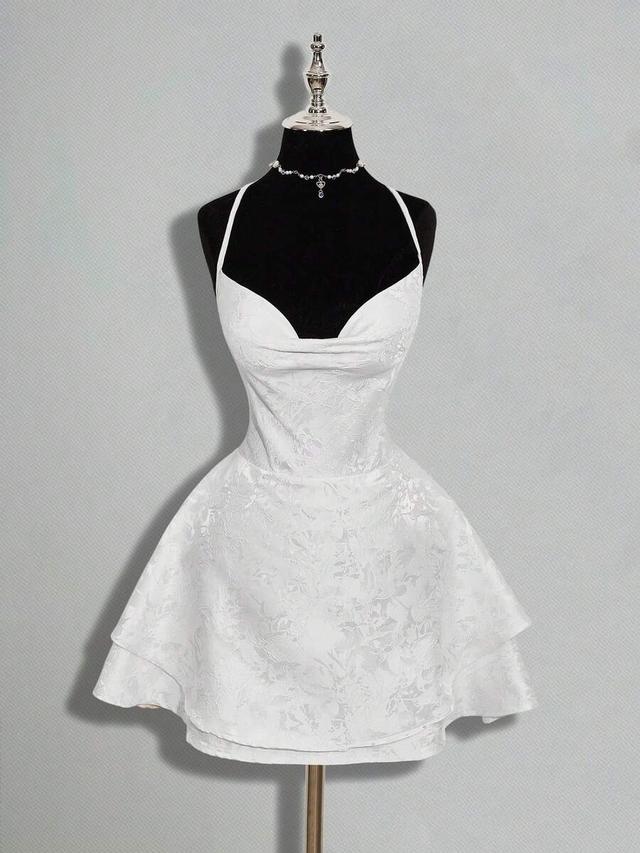 white jacquard backless tie-up mini dress