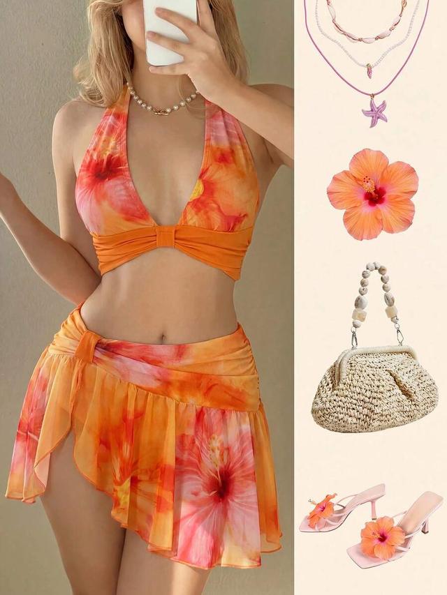 floral print halter crop top and mini skirt set