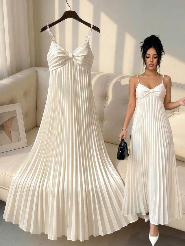 champagne satin pleated slip dress with pearl straps