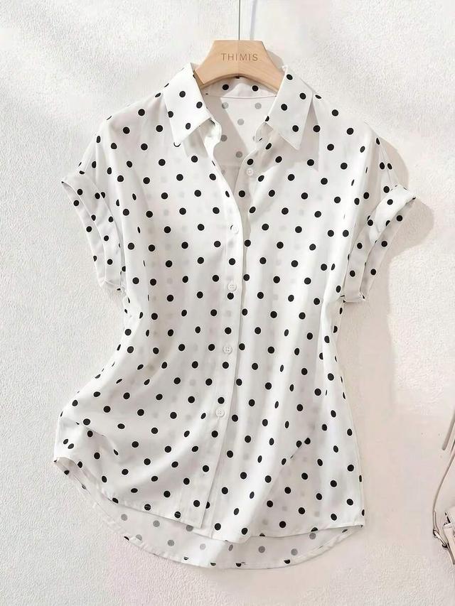 casual white polka dot polyester button-up shirt