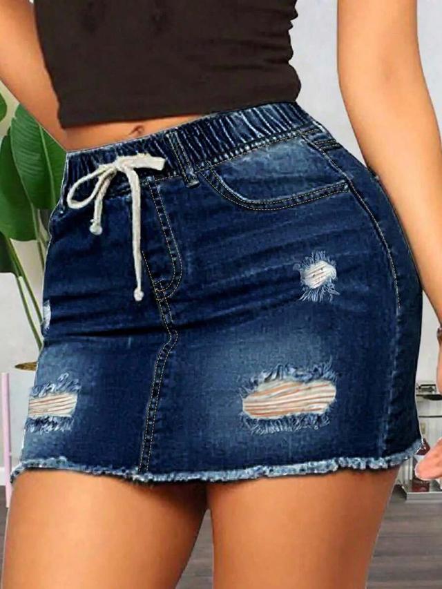 distressed denim mini skirt with elastic drawstring waist