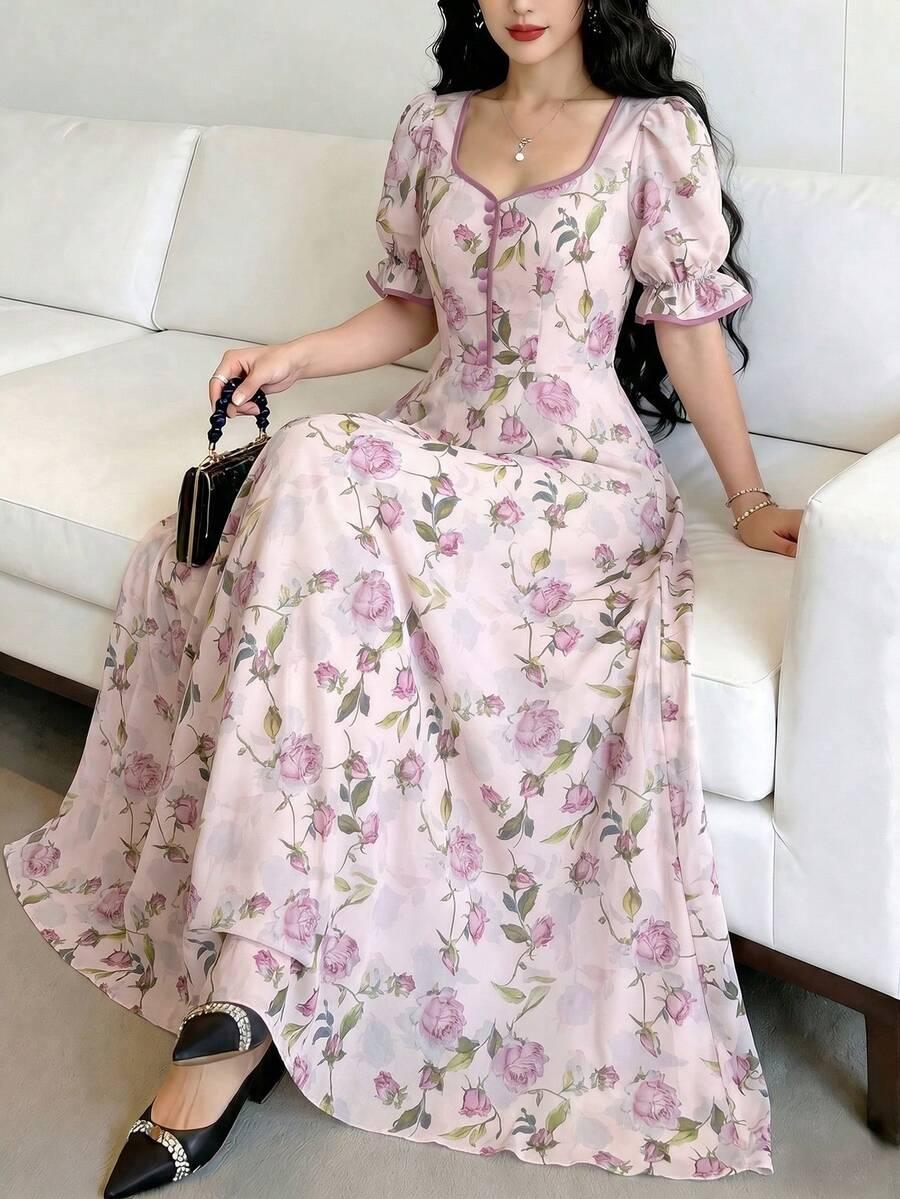 floral watercolor print cinched waist a-line dress