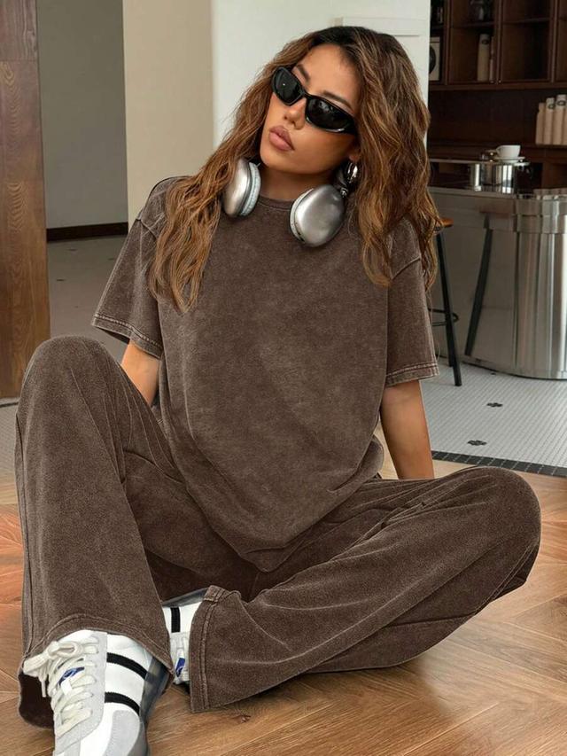 brown mineral wash crew neck short sleeve loungewear set