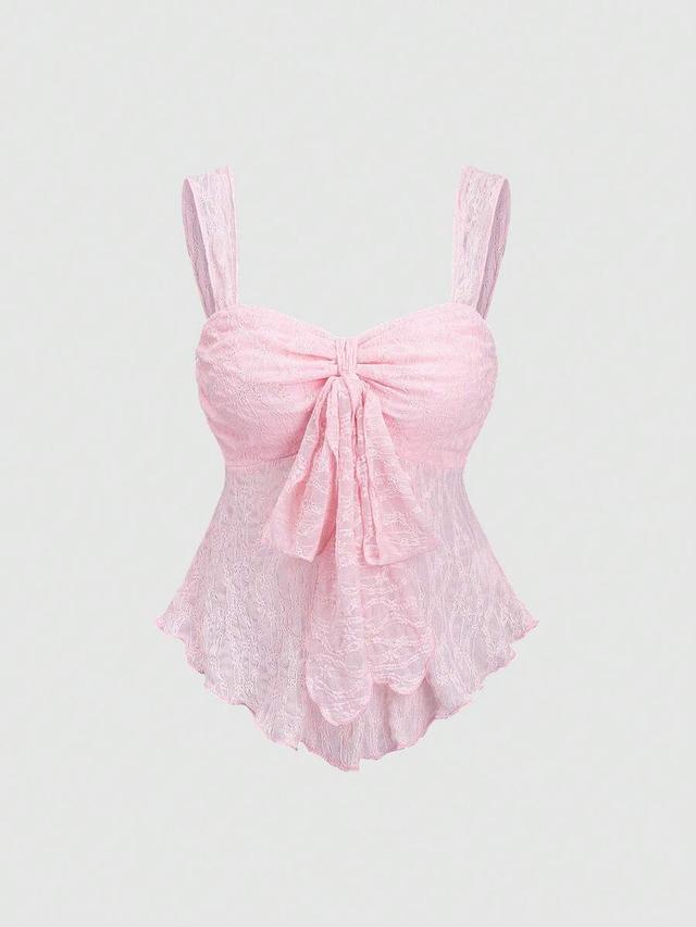 pink textured lace bow front camisole top