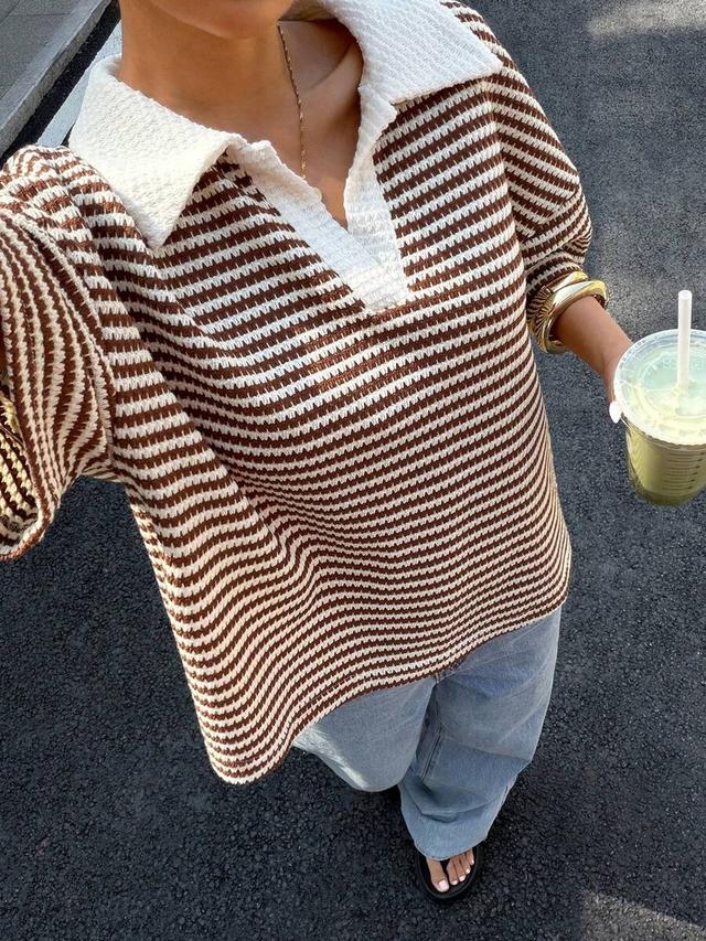 brown stripe polo collar drop-shoulder knit t-shirt