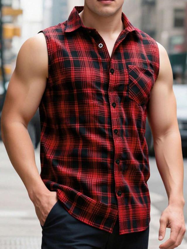 red and black plaid sleeveless button down shirt