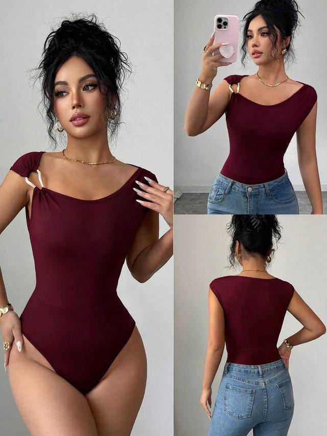 elegant red wine sleeveless bodysuit with metal hook