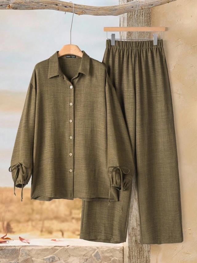 olive green linen blend long sleeve button-up shirt