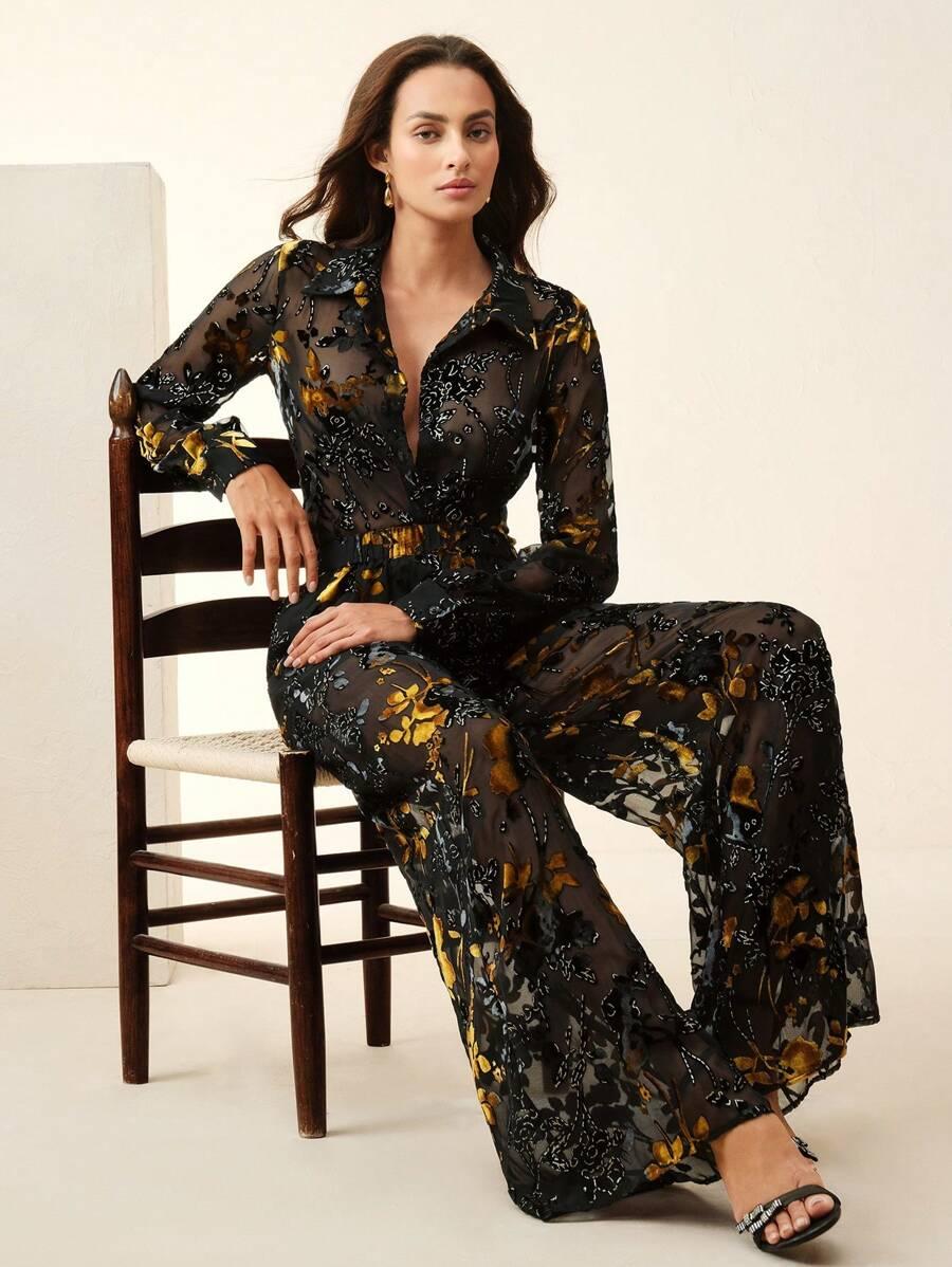 elegant velvet burnout semi-sheer straight leg trousers
