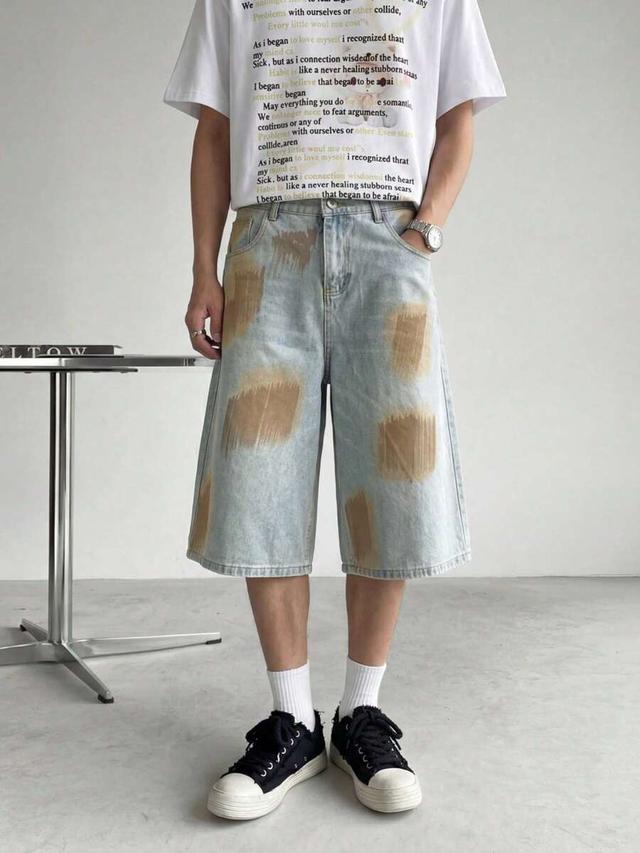 men retro washed distressed ink spray denim shorts
