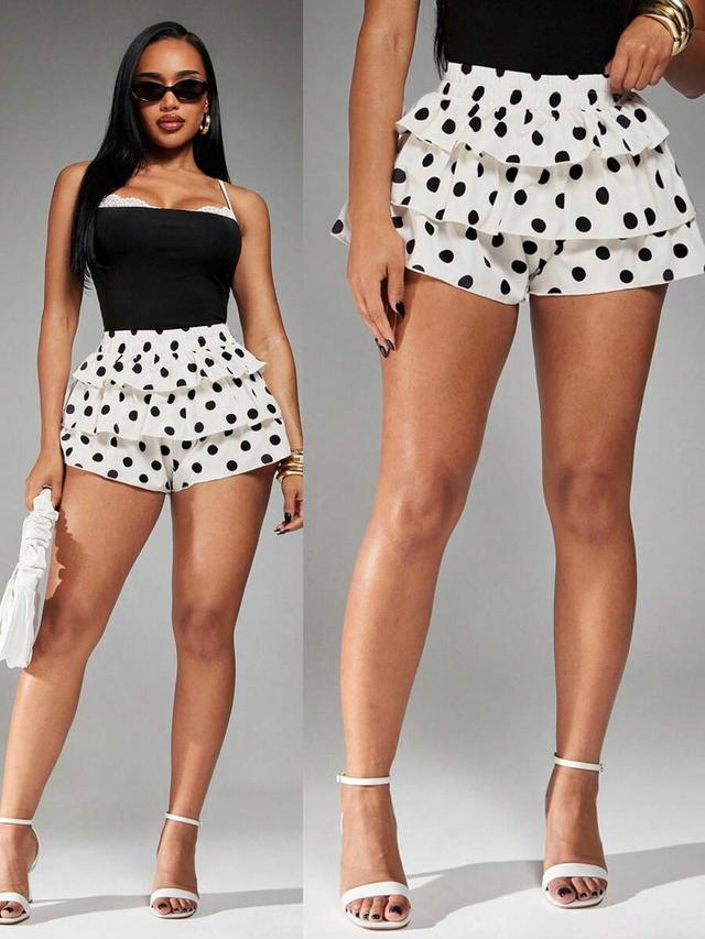 radiana summer casual cute white and black polka dot print ruffle trim layered shorts