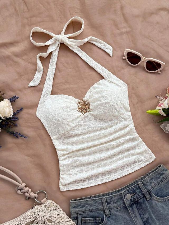 soleia vacation white textured v-neck halter tank top