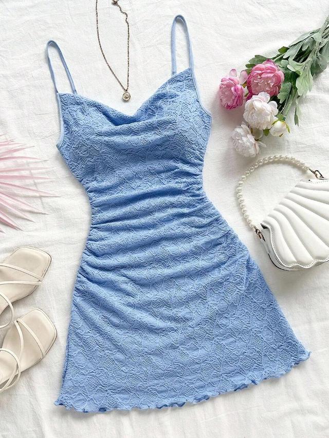 aqua blue textured mini sundress with ruched sides