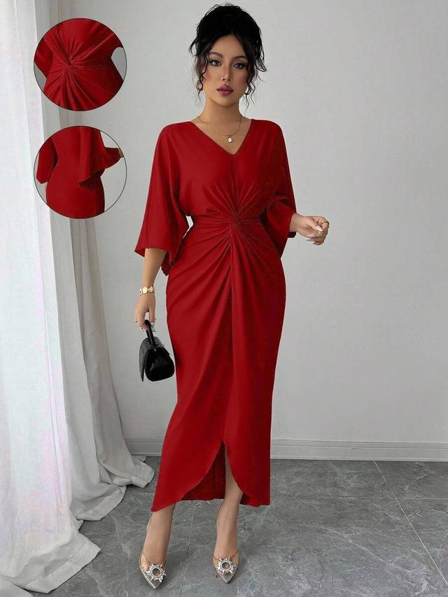 elegant dark red v-neck twist front midi dress