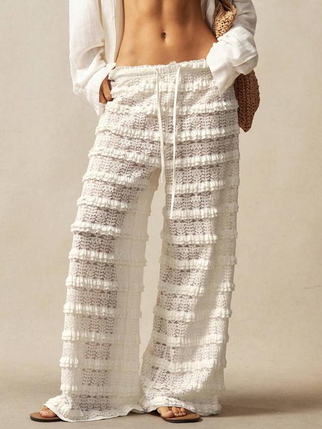 white lace frill high waist wide leg pants