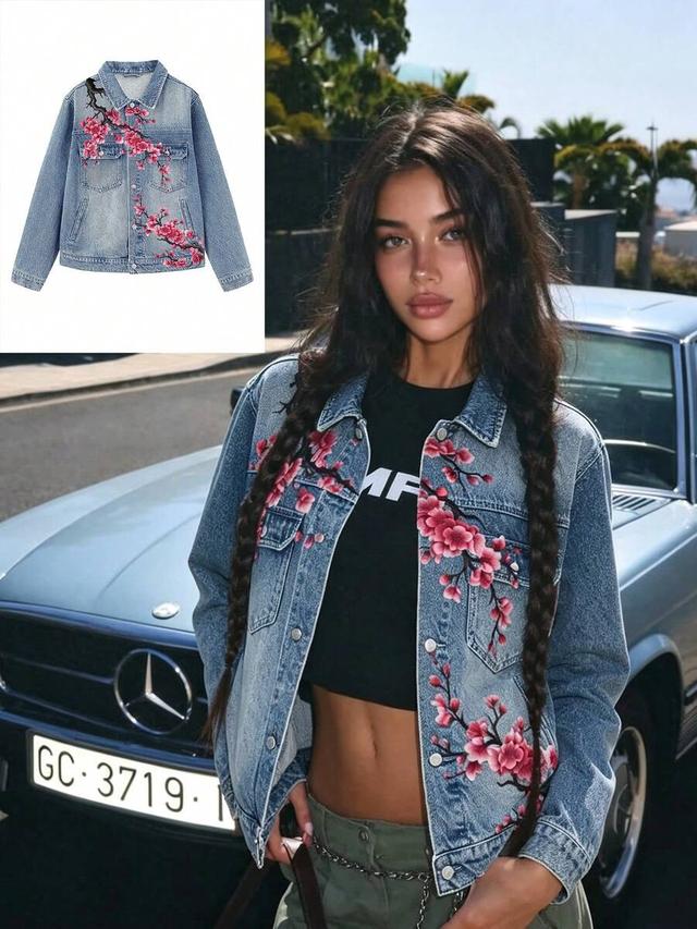 women streetwear pink floral printed denim jacket