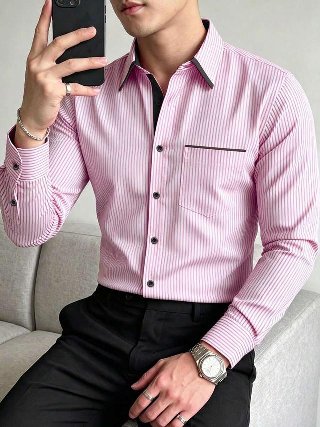 men's pink striped business casual long sleeve shirt