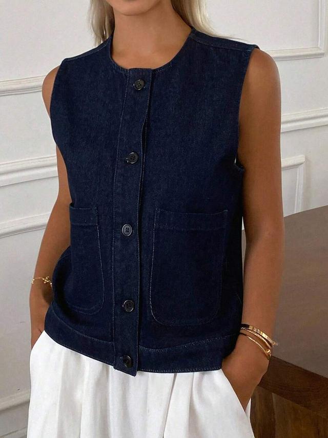 dark wash denim sleeveless button-down jacket