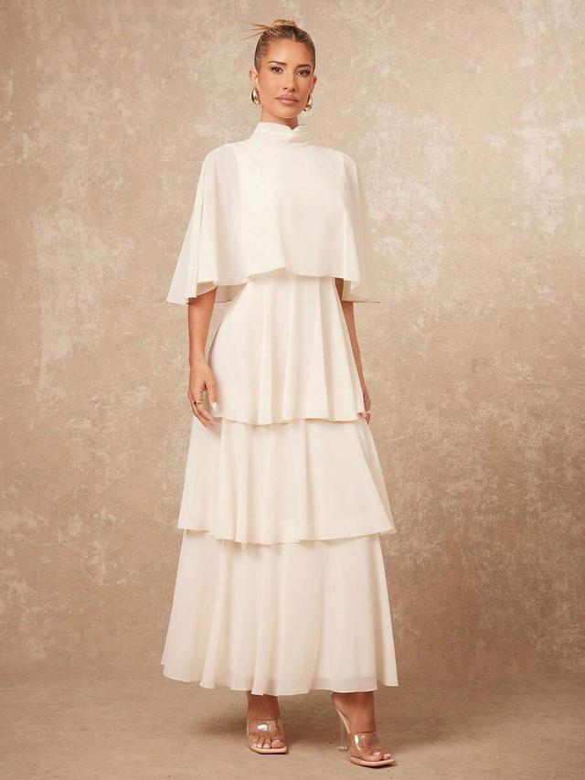 cream white high-neck layered maxi dress with cape overlay