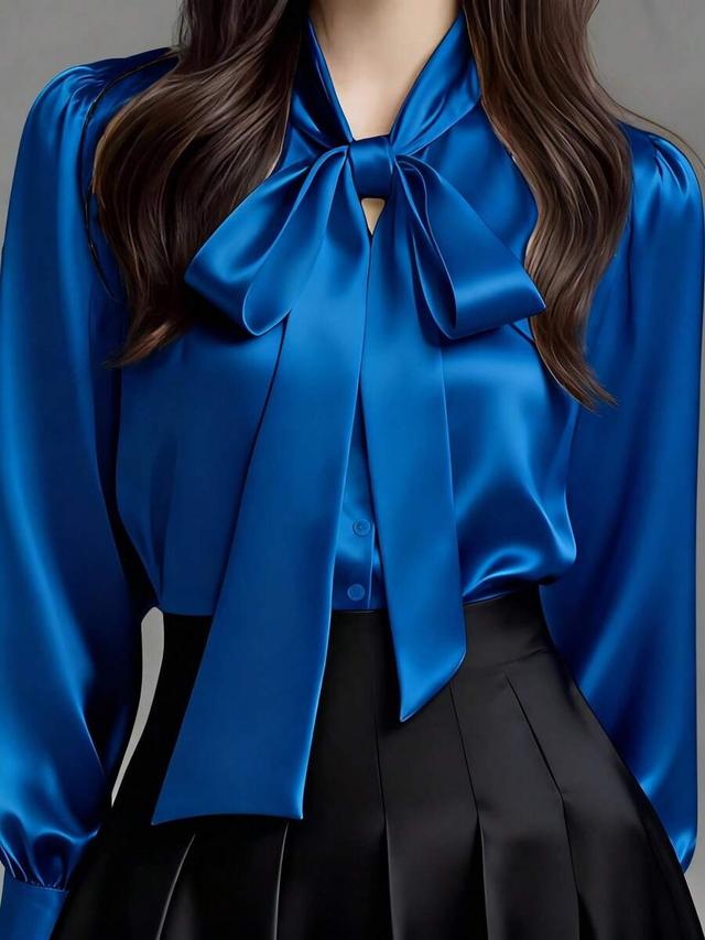 elegant satin white long sleeve bow neck blouse