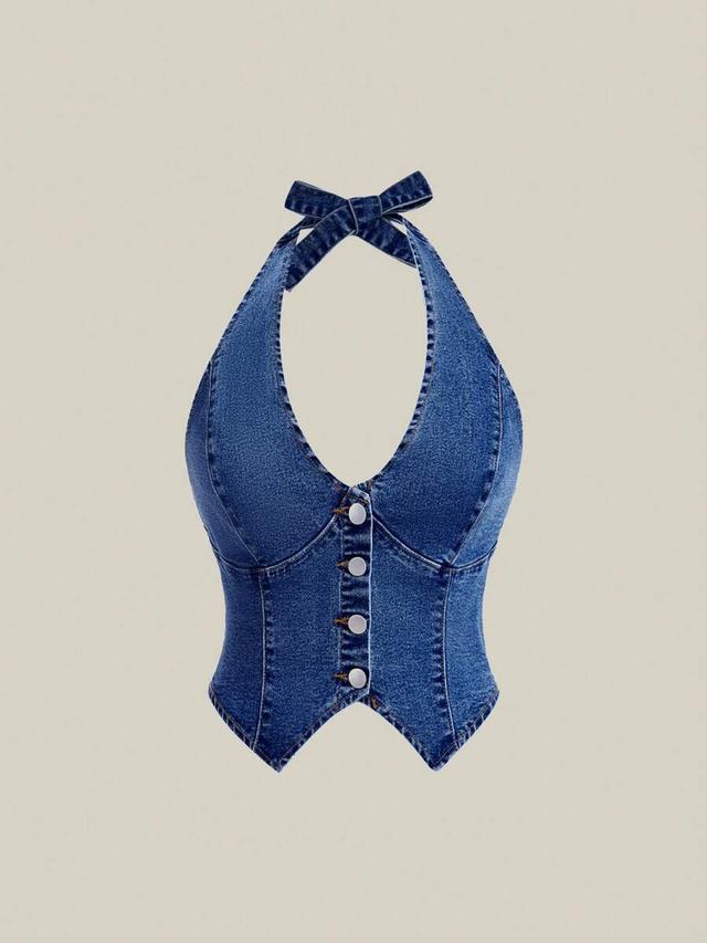 fitted denim halter top with button front