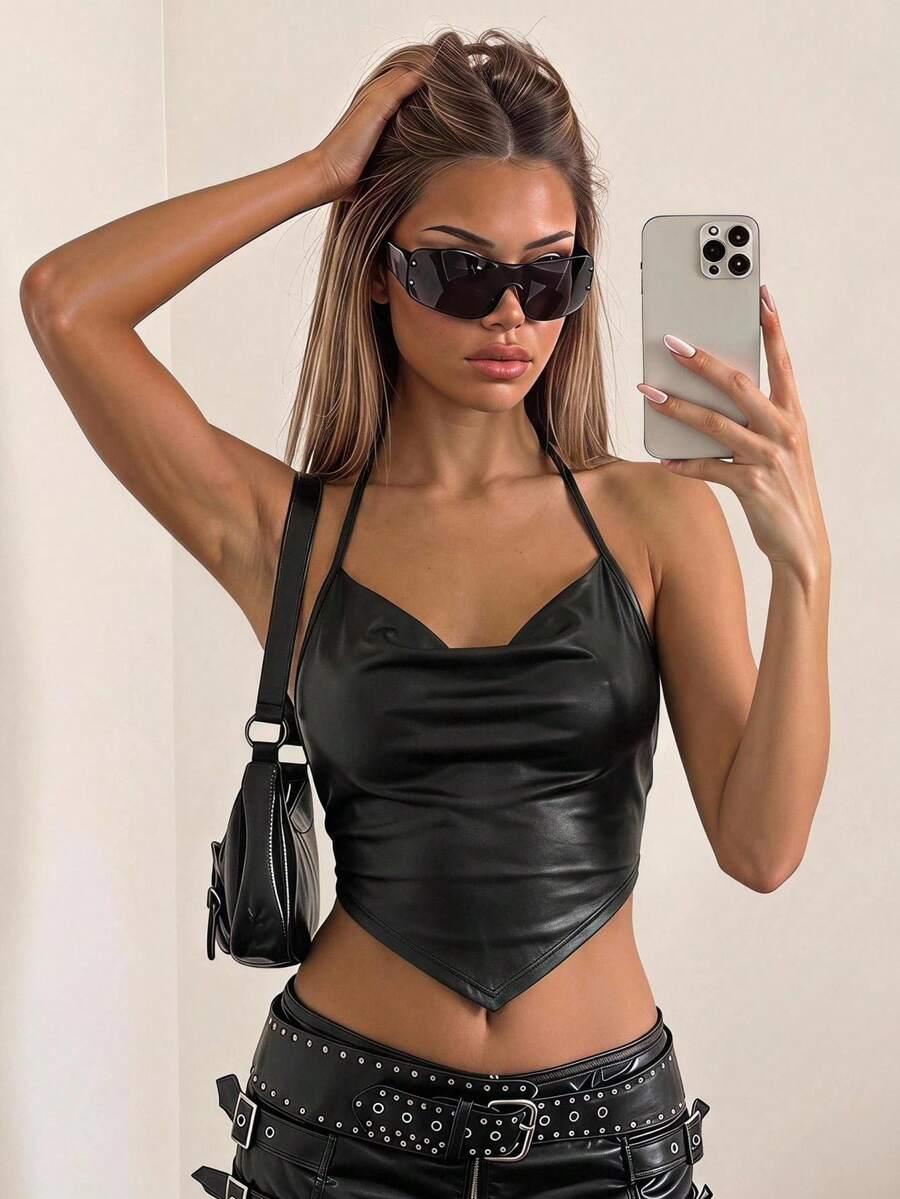draped front black faux leather halter top