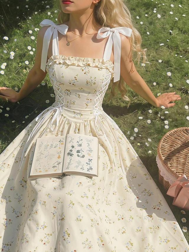 floral print bowknot strap corset midi dress