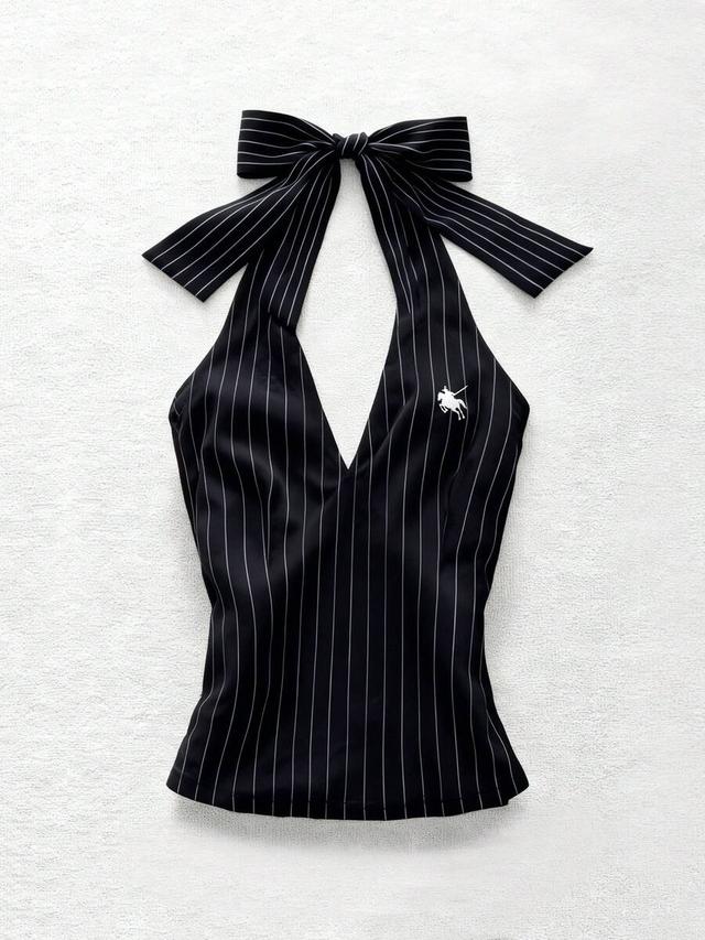 black pinstripe halter tie front camisole