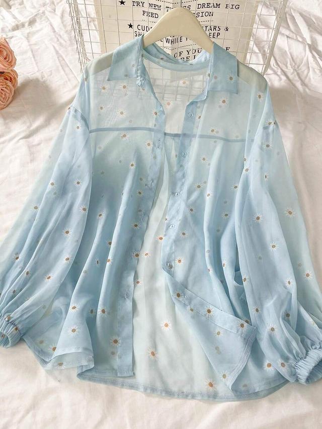 light blue floral print sheer button down shirt