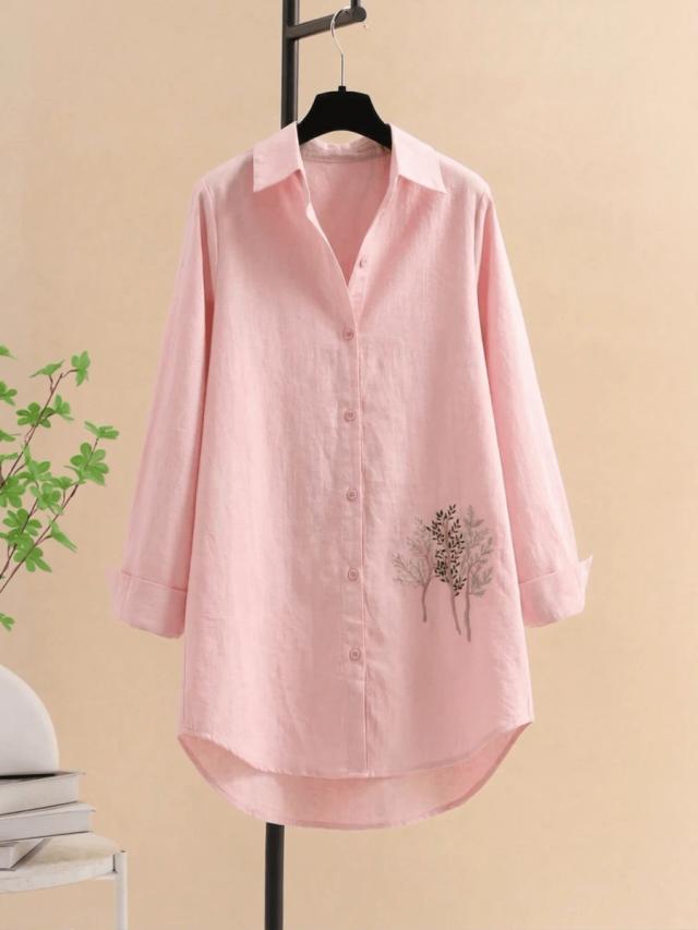 pink casual long sleeve button-up shirt with tree embroidery