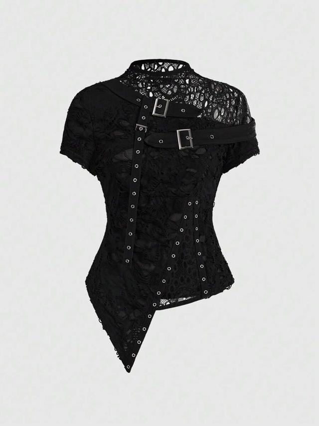 black ripped floral mesh asymmetric punk goth top