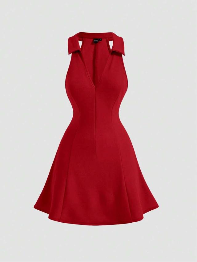 solid red halter neck fit and flare dress