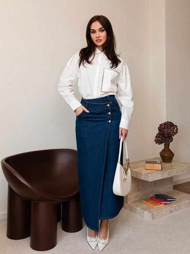 asymmetrical dark wash denim midi straight skirt