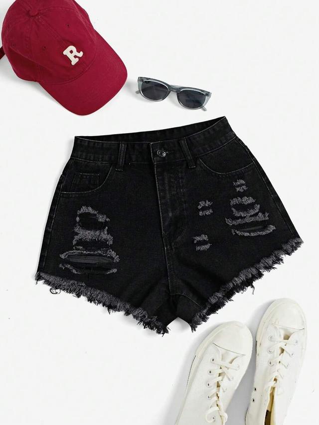 black denim frayed hem casual shorts