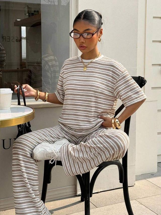 women's striped knit t-shirt and trousers lounge set