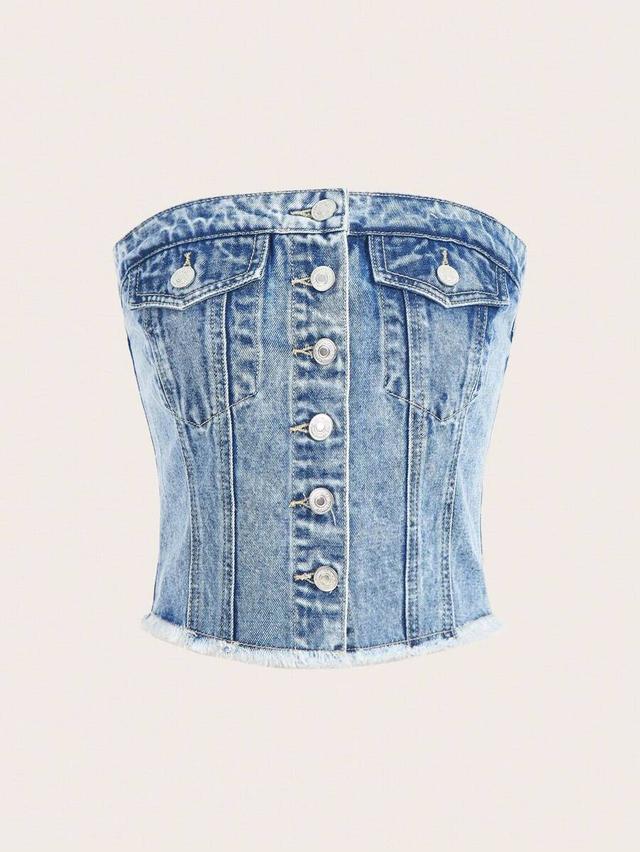 raw hem button front denim tube top
