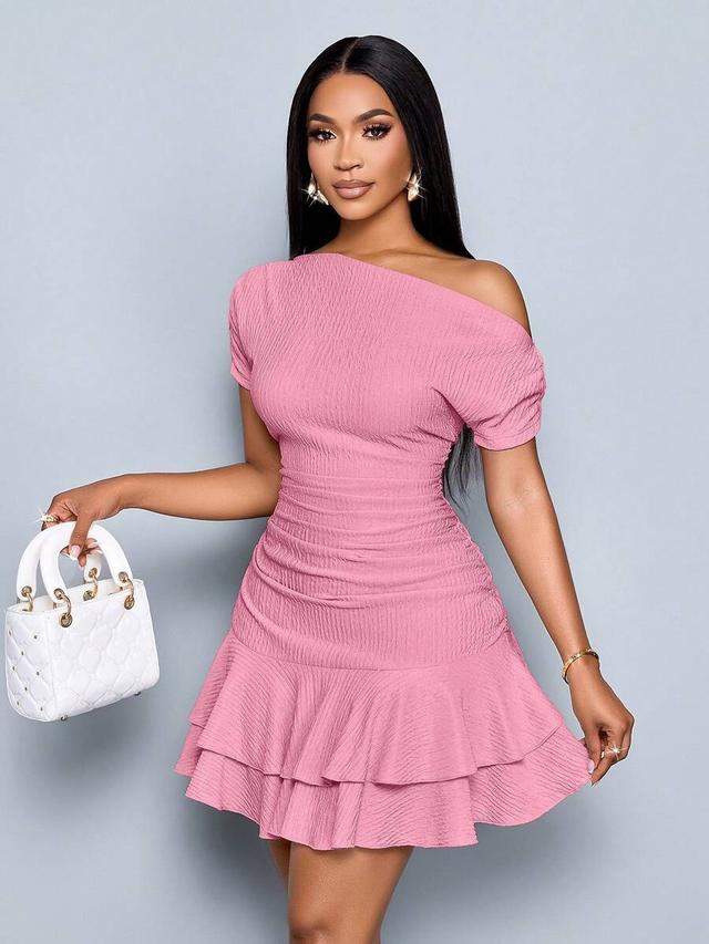dusty pink knitted asymmetrical neck gathered mini dress