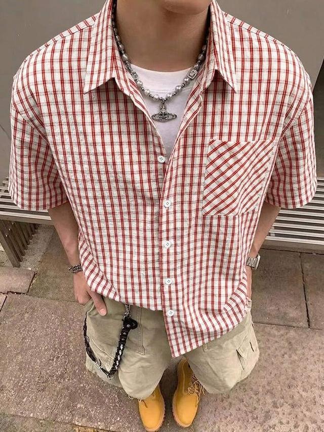 red and white plaid short sleeve casual shirt