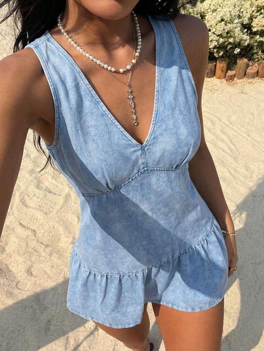 acid wash denim mini dress with tiered hem