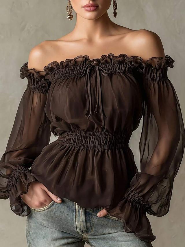 women's elegant vintage off-shoulder brown chiffon top