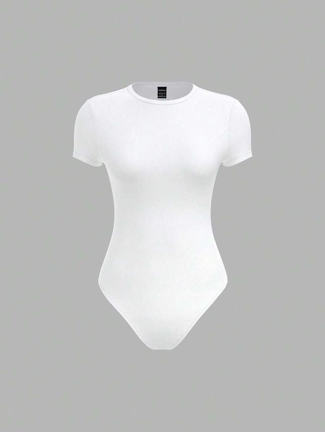 white minimalist short sleeve crew neck knit bodysuit