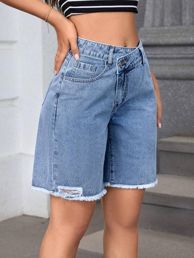 flexra summer loose straight-leg denim shorts with frayed hem