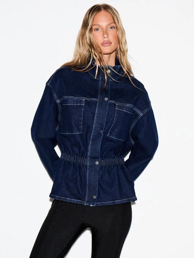 dark wash denim jacket with elasticated waist and pockets